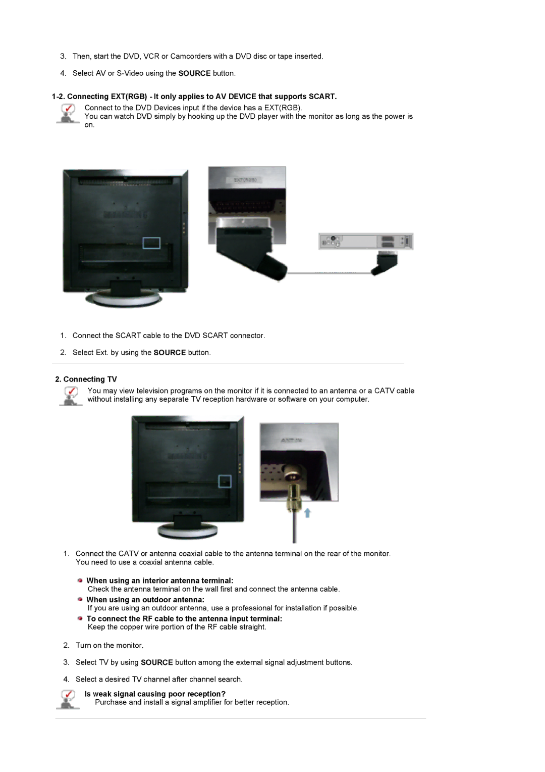 Samsung LS17DOASS/EDC, LS19DOASS/EDC Connecting TV, When using an interior antenna terminal, When using an outdoor antenna 