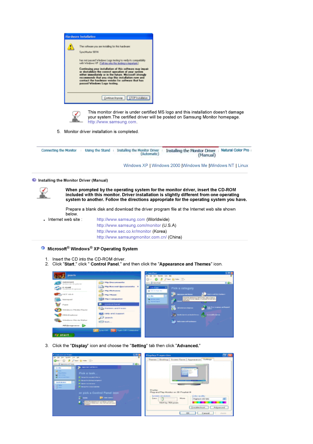 Samsung LS19DOASST/EDC manual Windows XP Windows 2000 Windows Me Windows NT Linux, Microsoft Windows XP Operating System 