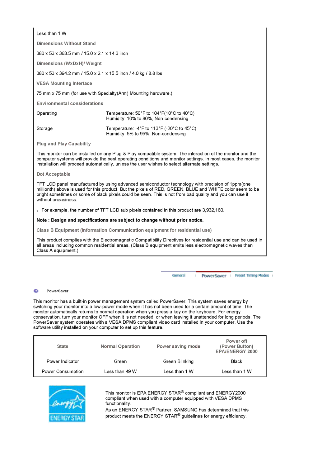 Samsung LS17DOASST/EDC manual Dimensions Without Stand, Dimensions WxDxH/ Weight, Vesa Mounting Interface, Dot Acceptable 