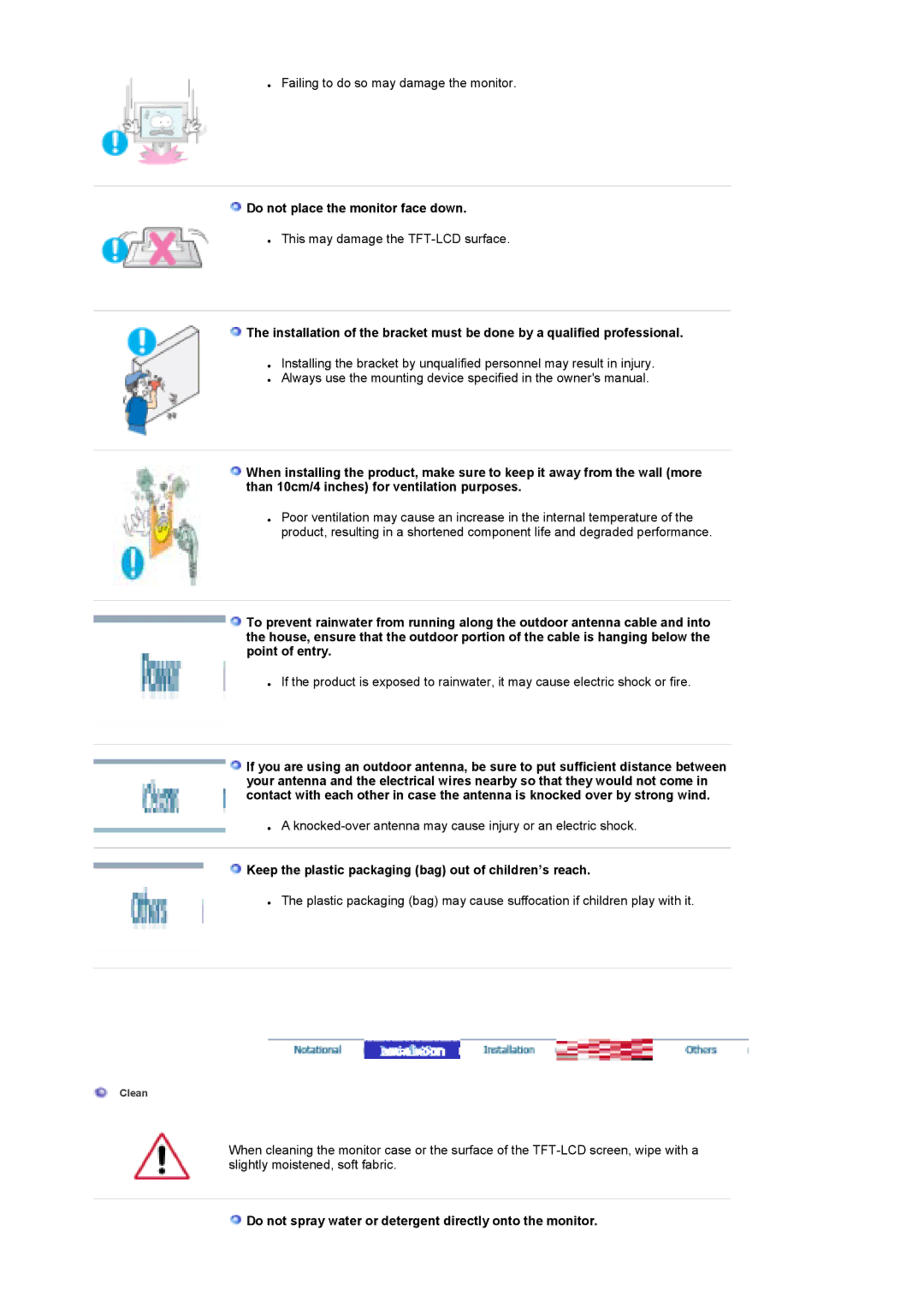 Samsung LS17DOASST/EDC manual Do not place the monitor face down, Keep the plastic packaging bag out of children’s reach 