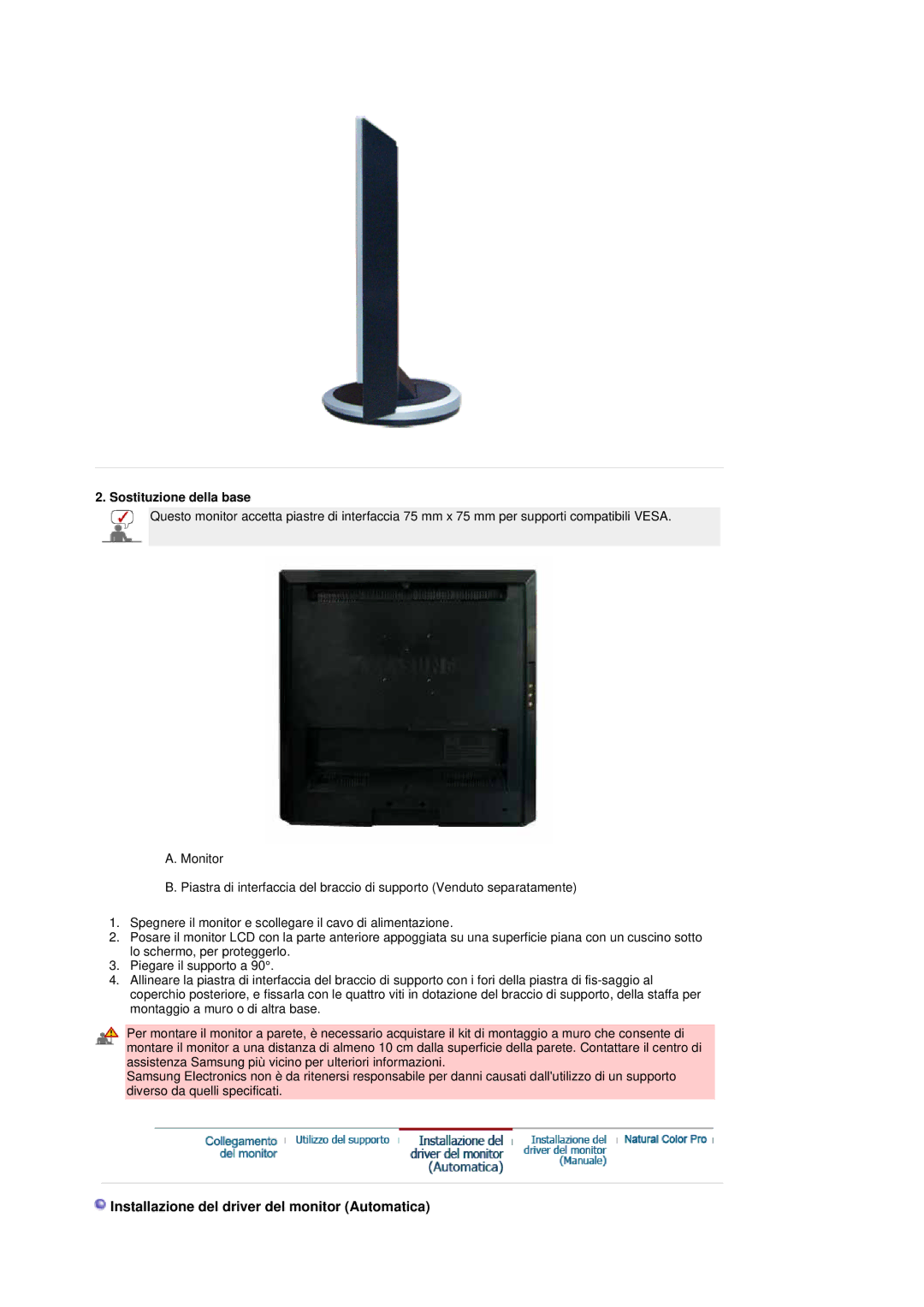 Samsung LS17DOASS/EDC, LS19DOASS/EDC manual Installazione del driver del monitor Automatica, Sostituzione della base 