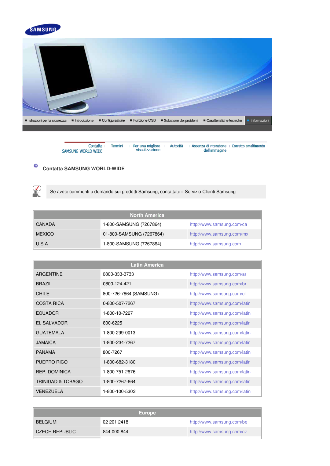 Samsung LS19DOASS/EDC, LS17DOASS/EDC, LS19DOASS6/EDC, LS17DOASS6/EDC manual Contatta Samsung WORLD-WIDE, Latin America 