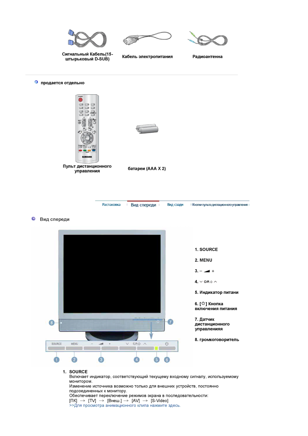 Samsung LS19DOASS/EDC, LS17DOASS/EDC, LS19DOASST/EDC, LS17DOASST/EDC manual Вид спереди, Source Menu 