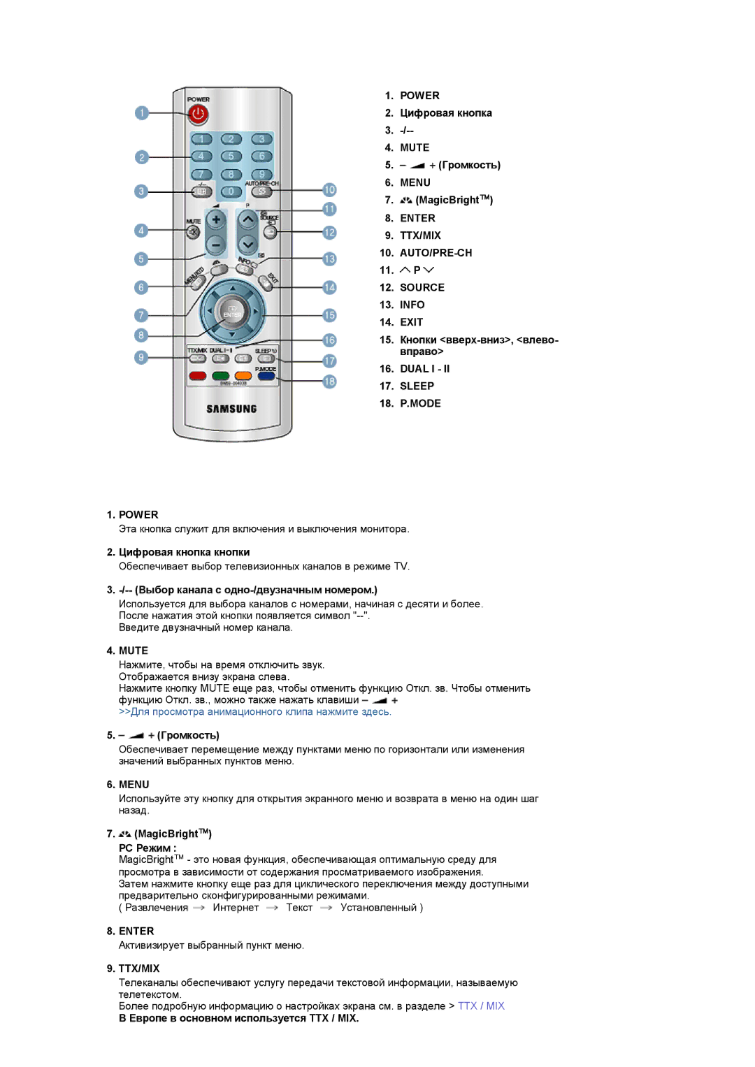 Samsung LS19DOASS/EDC, LS17DOASS/EDC, LS19DOASST/EDC, LS17DOASST/EDC manual Mute, Enter TTX/MIX AUTO/PRE-CH Source, Sleep 