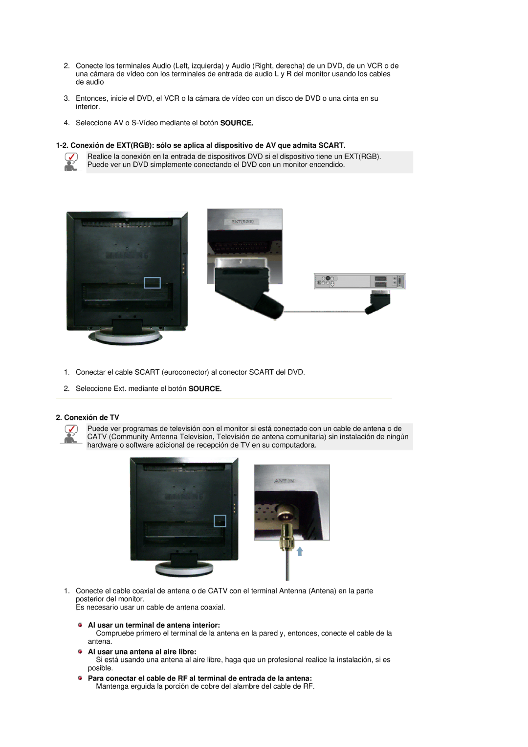 Samsung LS19DOASS/EDC manual Conexión de TV, Al usar un terminal de antena interior, Al usar una antena al aire libre 