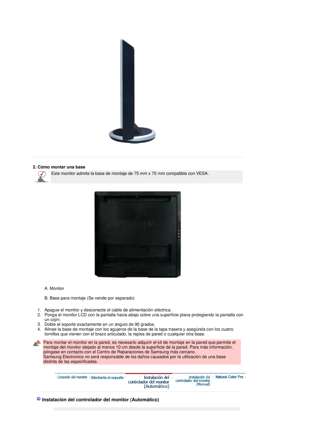 Samsung LS19DOASS/EDC, LS17DOASS/EDC manual Instalación del controlador del monitor Automático, Cómo montar una base 