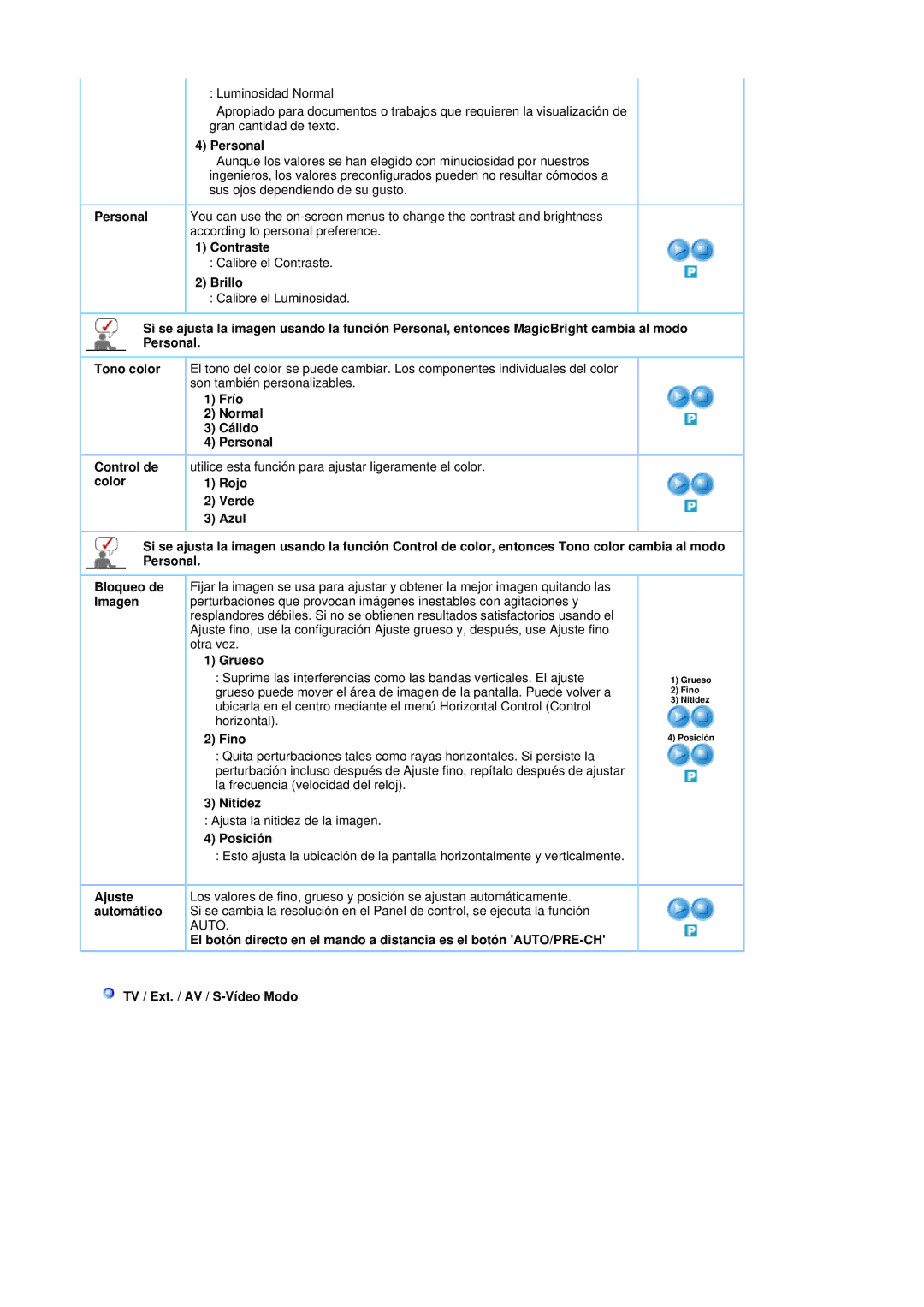 Samsung LS17DOASS/EDC manual Contraste, Brillo, Frío Normal Cálido Personal, Grueso, Fino, Nitidez, Posición, Ajuste 