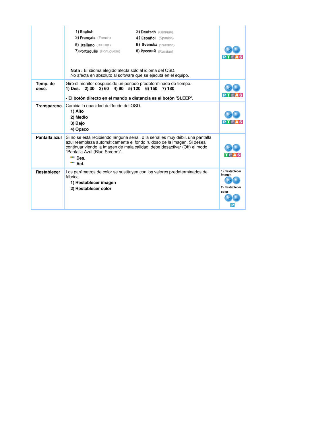 Samsung LS19DOASS/EDC, LS17DOASS/EDC manual Nota El idioma elegido afecta sólo al idioma del OSD, Alto Medio Bajo Opaco 