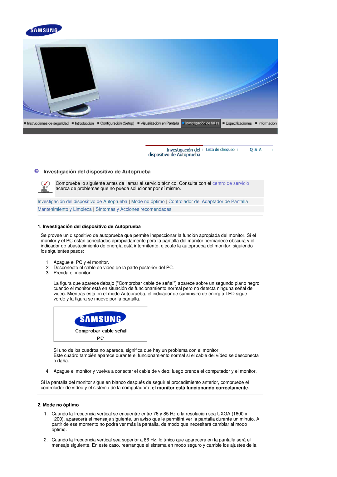 Samsung LS17DOASS/EDC, LS19DOASS/EDC manual Investigación del dispositivo de Autoprueba, Mode no óptimo 