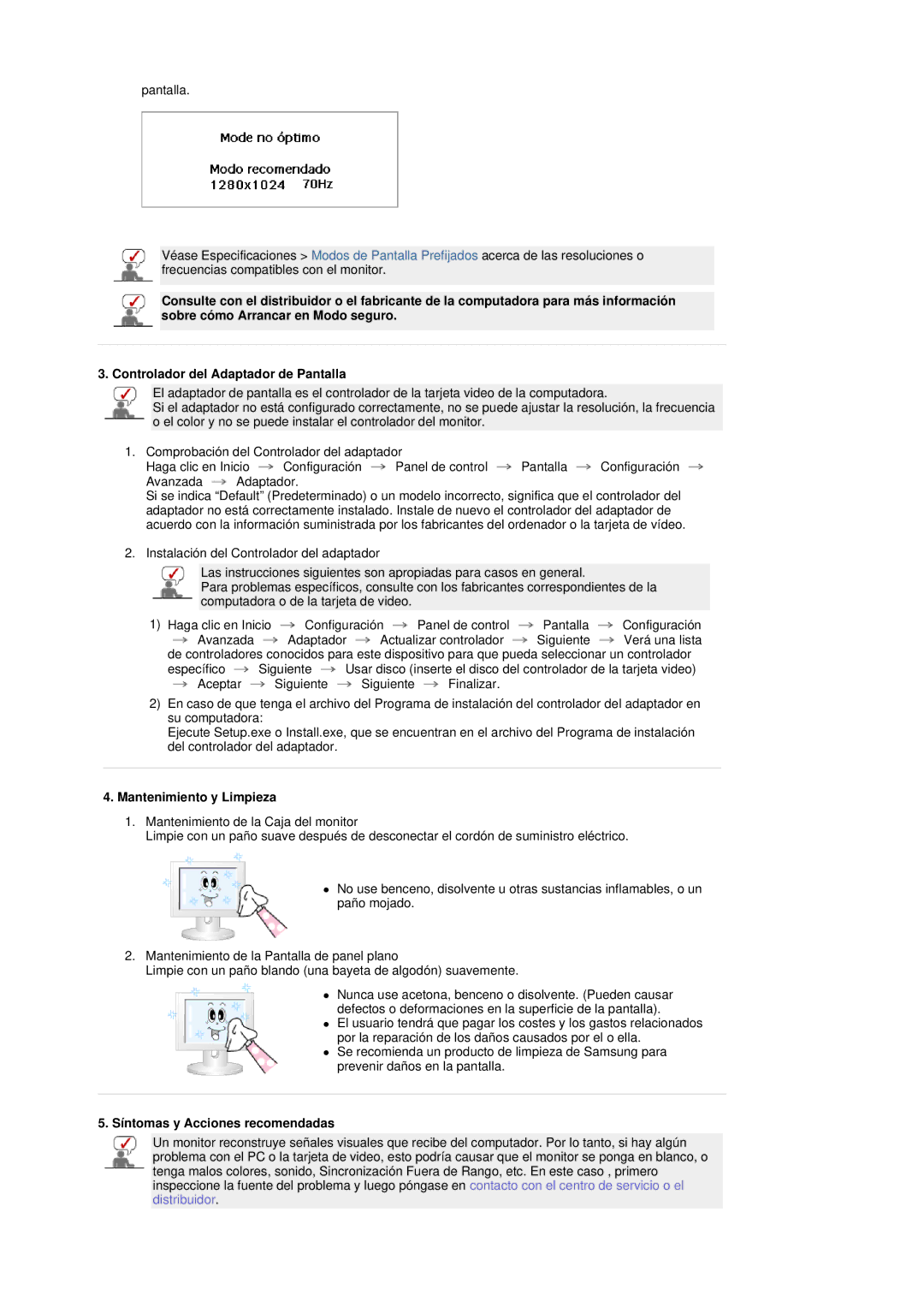 Samsung LS19DOASS/EDC, LS17DOASS/EDC manual Mantenimiento y Limpieza, Síntomas y Acciones recomendadas 