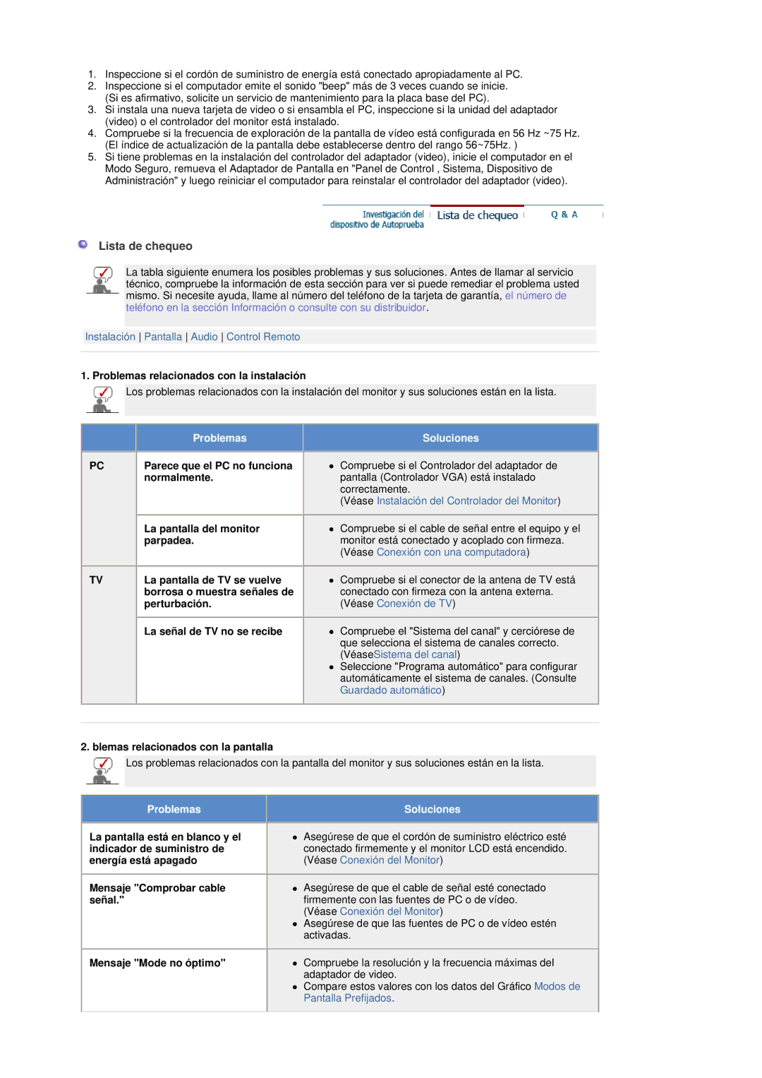 Samsung LS17DOASS/EDC, LS19DOASS/EDC manual Lista de chequeo, Problemas Soluciones 