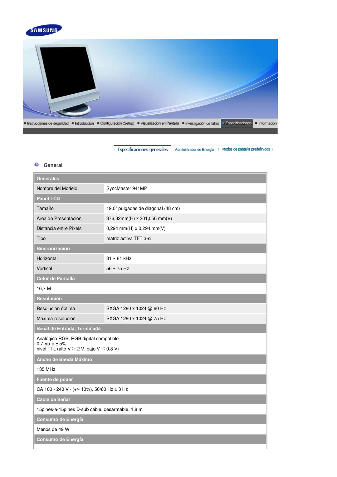 Samsung LS19DOASS/EDC, LS17DOASS/EDC manual Nombre del Modelo SyncMaster 941MP 