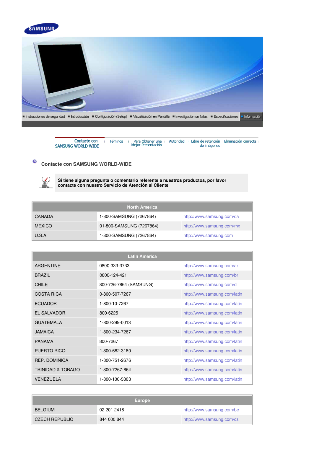 Samsung LS19DOASS/EDC, LS17DOASS/EDC manual Contacte con Samsung WORLD-WIDE, North America, Latin America, Europe 