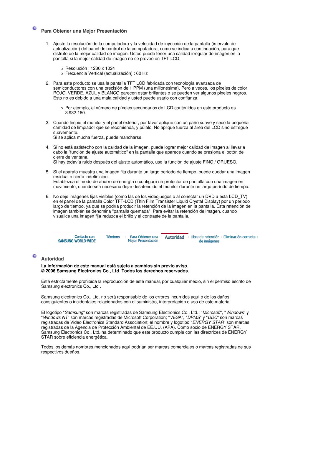 Samsung LS19DOASS/EDC, LS17DOASS/EDC manual Para Obtener una Mejor Presentación, Autoridad 