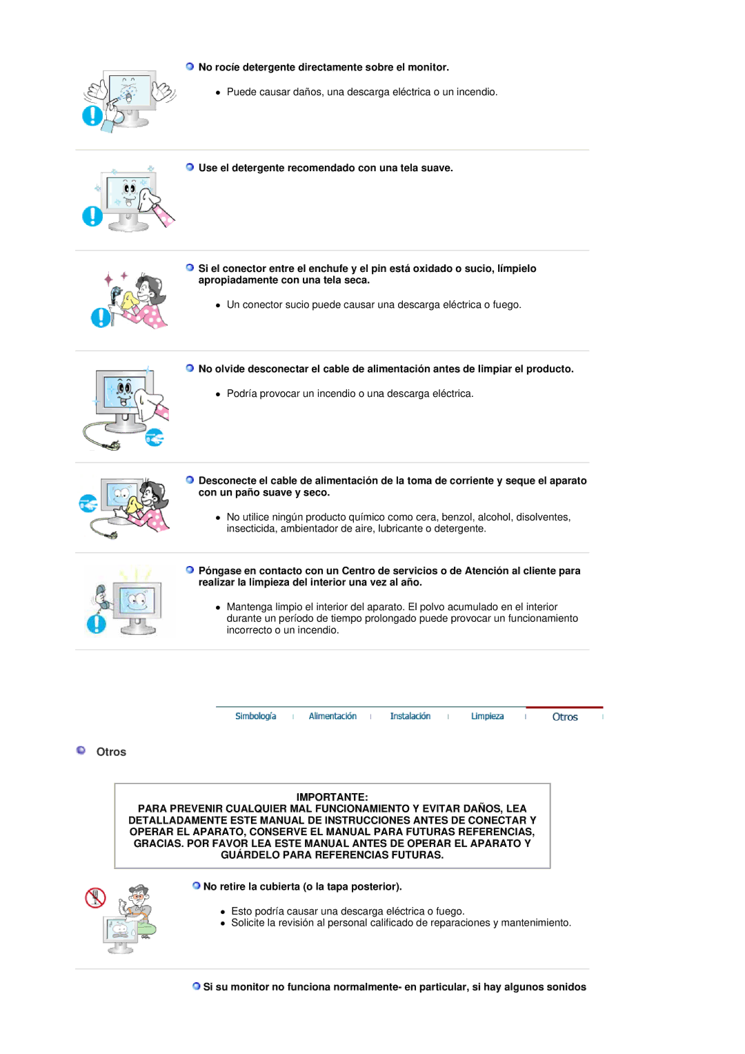 Samsung LS19DOASS/EDC Otros, No rocíe detergente directamente sobre el monitor, No retire la cubierta o la tapa posterior 