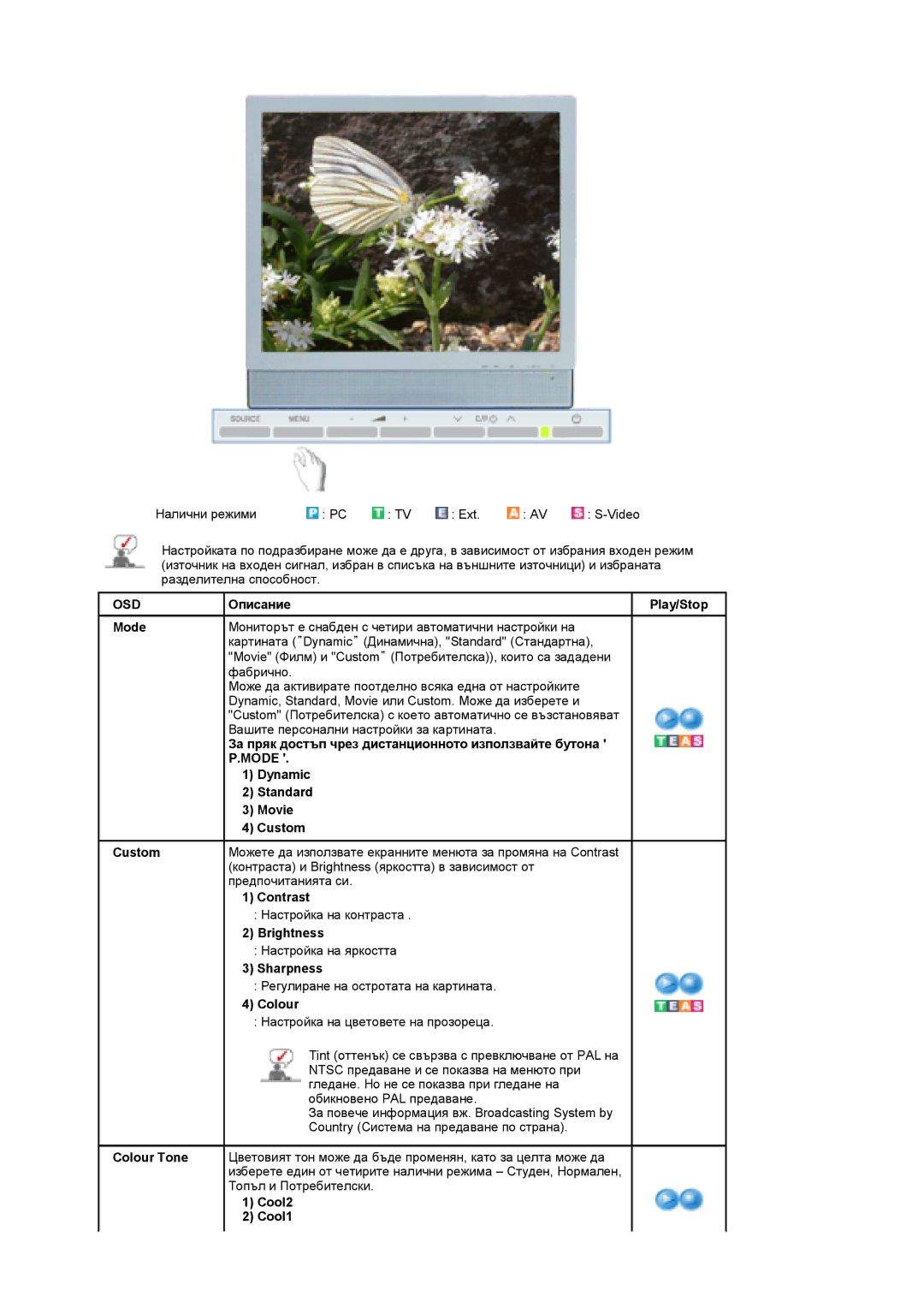 Samsung LS17DOASS/EDC, LS19DOASS/EDC manual Описание Play/Stop Mode, Dynamic Standard Movie Custom, Colour, Cool2 Cool1 