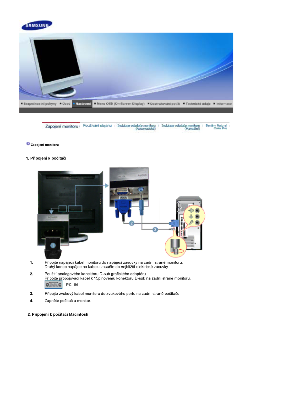 Samsung LS17DOASS/EDC, LS19DOASS/EDC manual Připojení k počítači Macintosh 