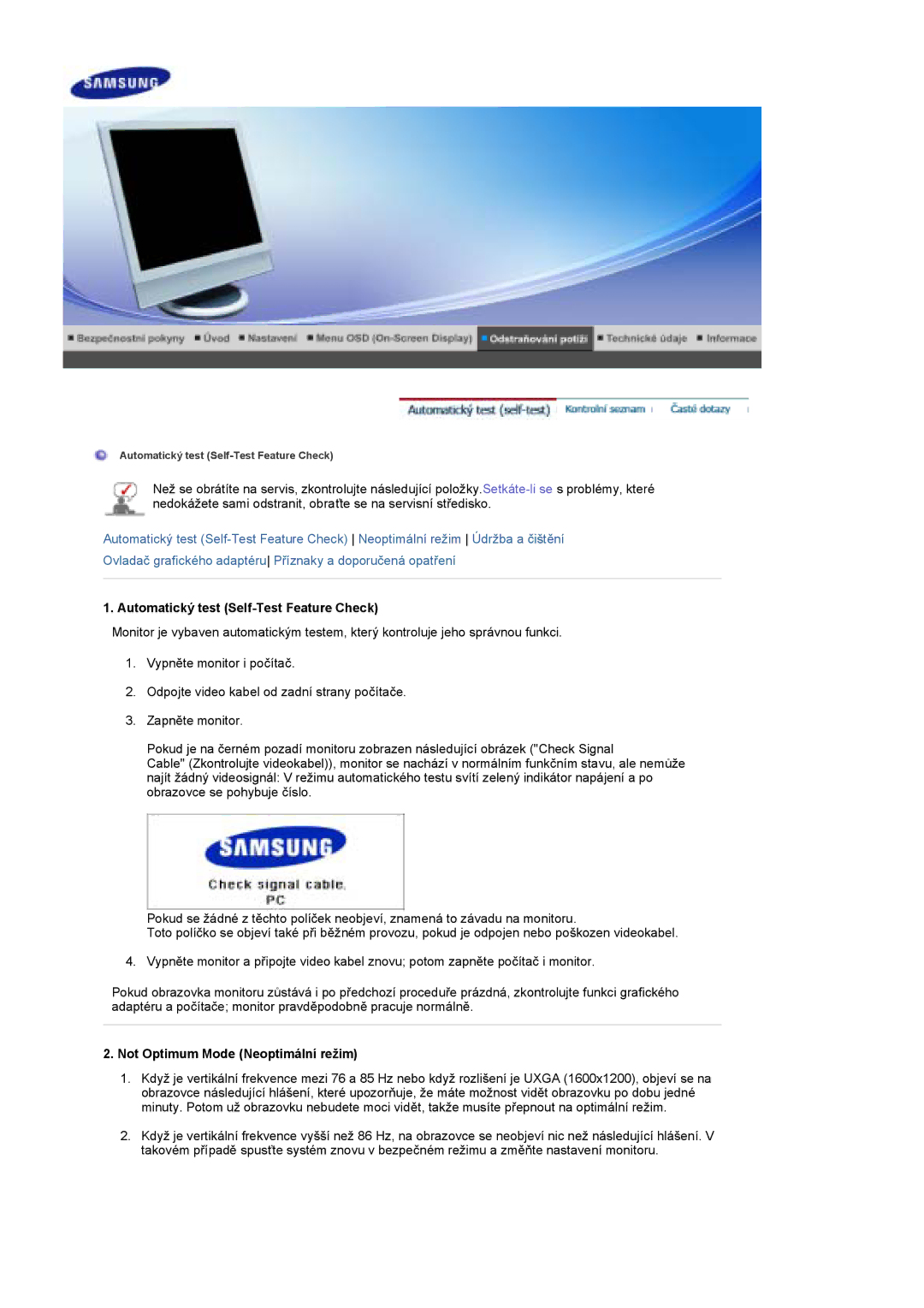 Samsung LS17DOASS/EDC, LS19DOASS/EDC manual Automatický test Self-Test Feature Check, Not Optimum Mode Neoptimální režim 