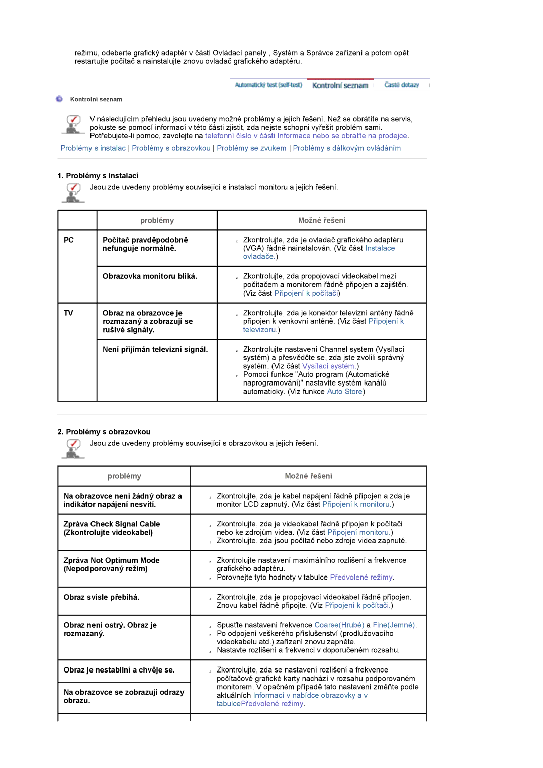 Samsung LS17DOASS/EDC, LS19DOASS/EDC manual Problémy Možné řešení 