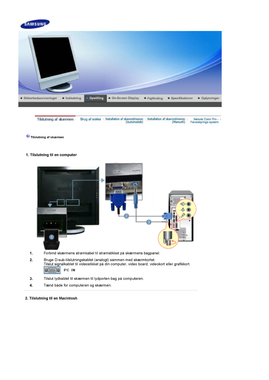 Samsung LS19DOASS/EDC, LS17DOASS/EDC manual Tilslutning til en computer, Tilslutning til en Macintosh 