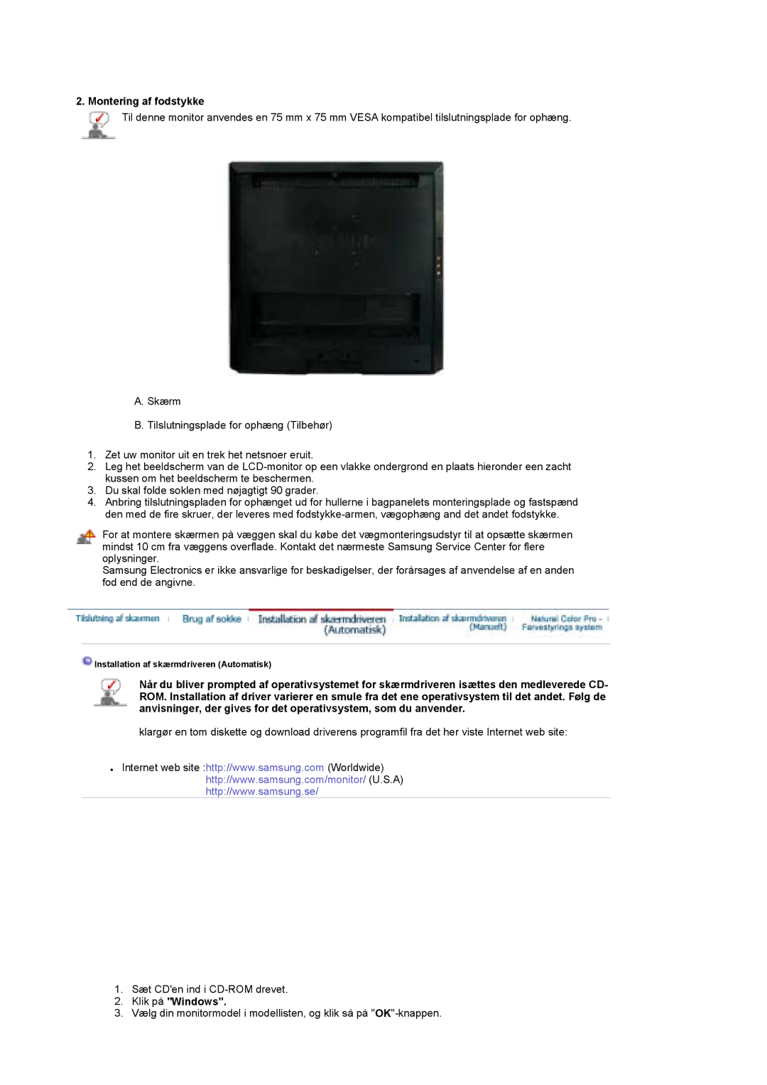 Samsung LS19DOASS/EDC, LS17DOASS/EDC manual Montering af fodstykke, Klik på Windows 