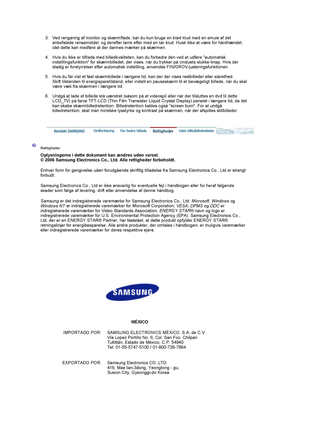 Samsung LS19DOASS/EDC, LS17DOASS/EDC manual Oplysningerne i dette dokument kan ændres uden varsel, México 