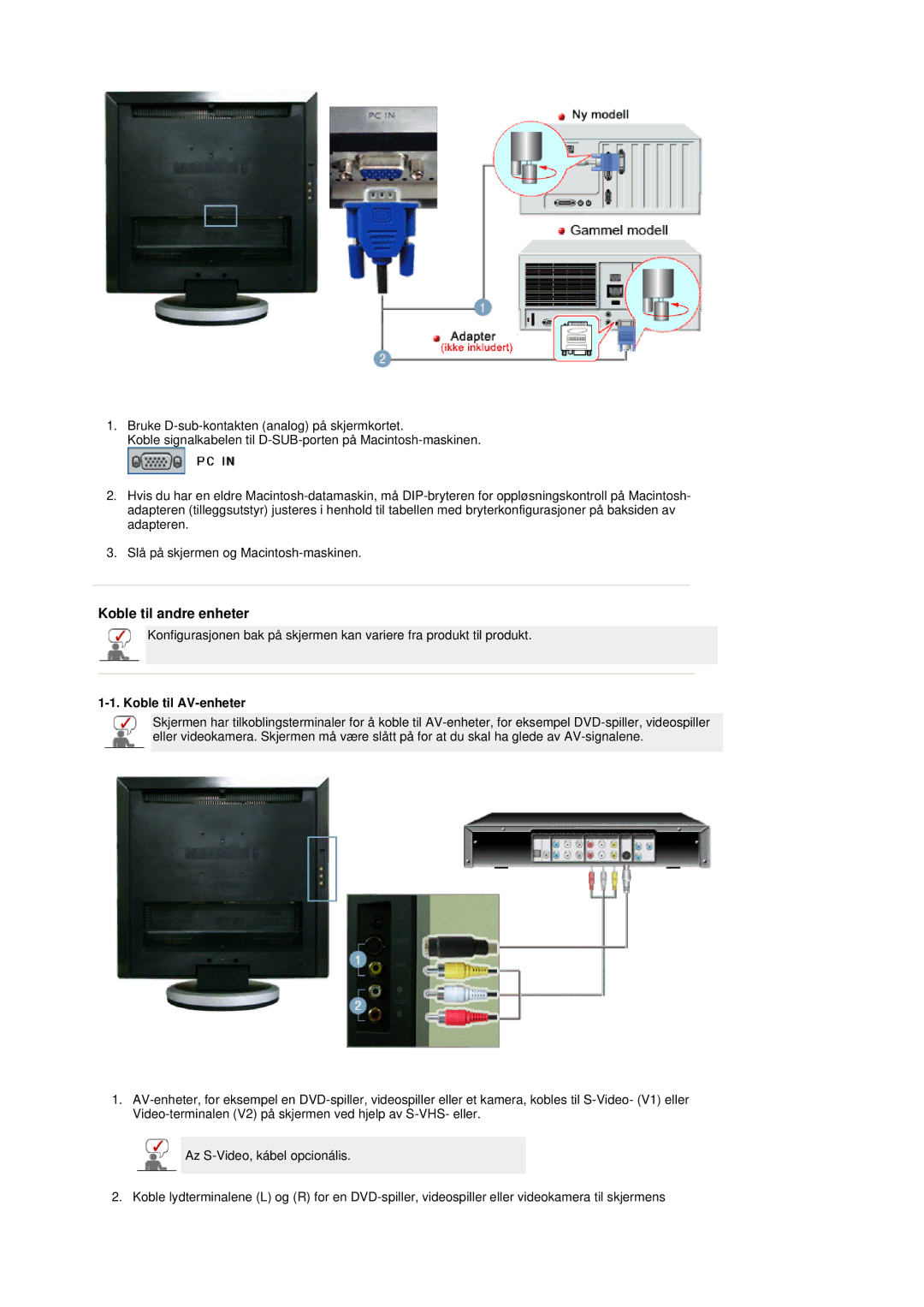 Samsung LS19DOASS/EDC, LS17DOASS/EDC manual Koble til andre enheter, Koble til AV-enheter 