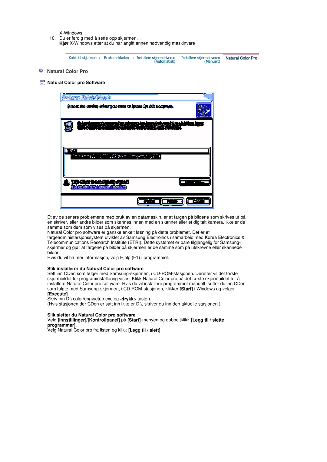 Samsung LS19DOASS/EDC manual Natural Color Pro, Natural Color pro Software, Slik installerer du Natural Color pro software 