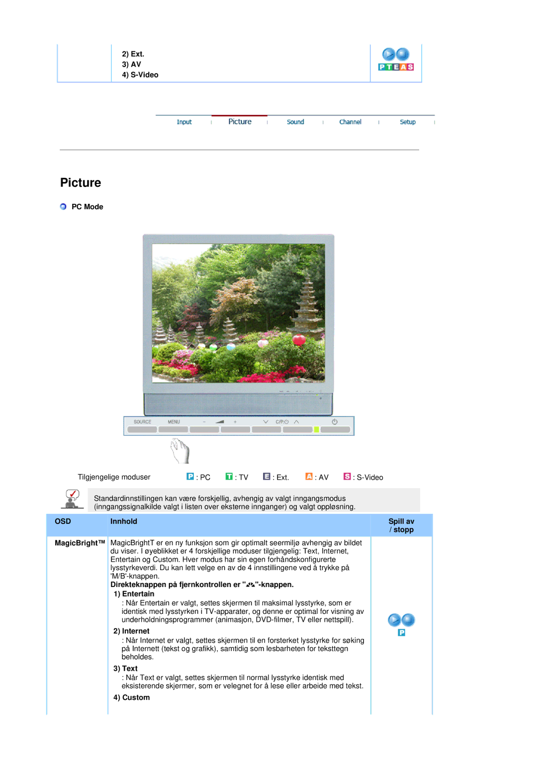 Samsung LS19DOASS/EDC Ext Video, PC Mode, Direkteknappen på fjernkontrollen er -knappen Entertain, Internet, Text, Custom 