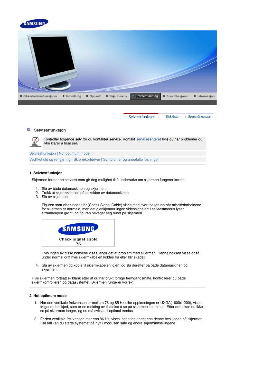 Samsung LS17DOASS/EDC, LS19DOASS/EDC manual Selvtestfunksjon, Not optimum mode 