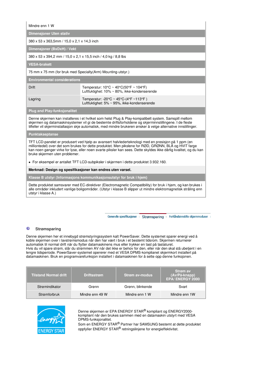 Samsung LS17DOASS/EDC, LS19DOASS/EDC manual Strømsparing, Merknad Design og spesifikasjoner kan endres uten varsel 