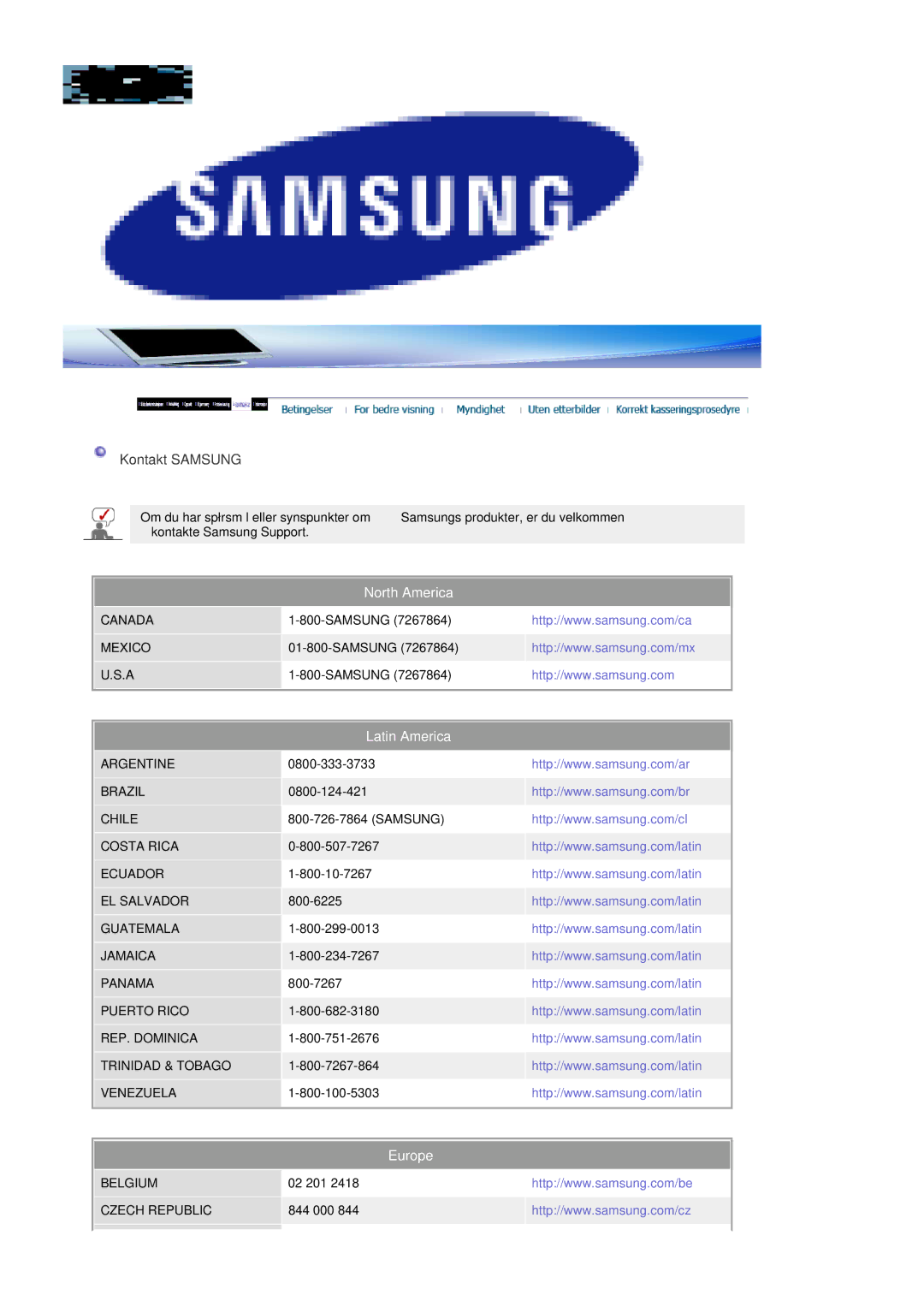 Samsung LS19DOASS/EDC, LS17DOASS/EDC manual Kontakt Samsung, Latin America 