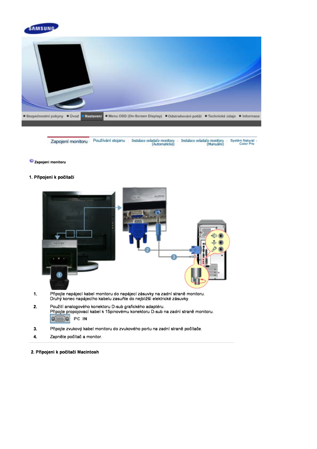 Samsung LS17DOASS/EDC, LS19DOASS/EDC manual 1. Připojení k počítači, 2. Připojení k počítači Macintosh 