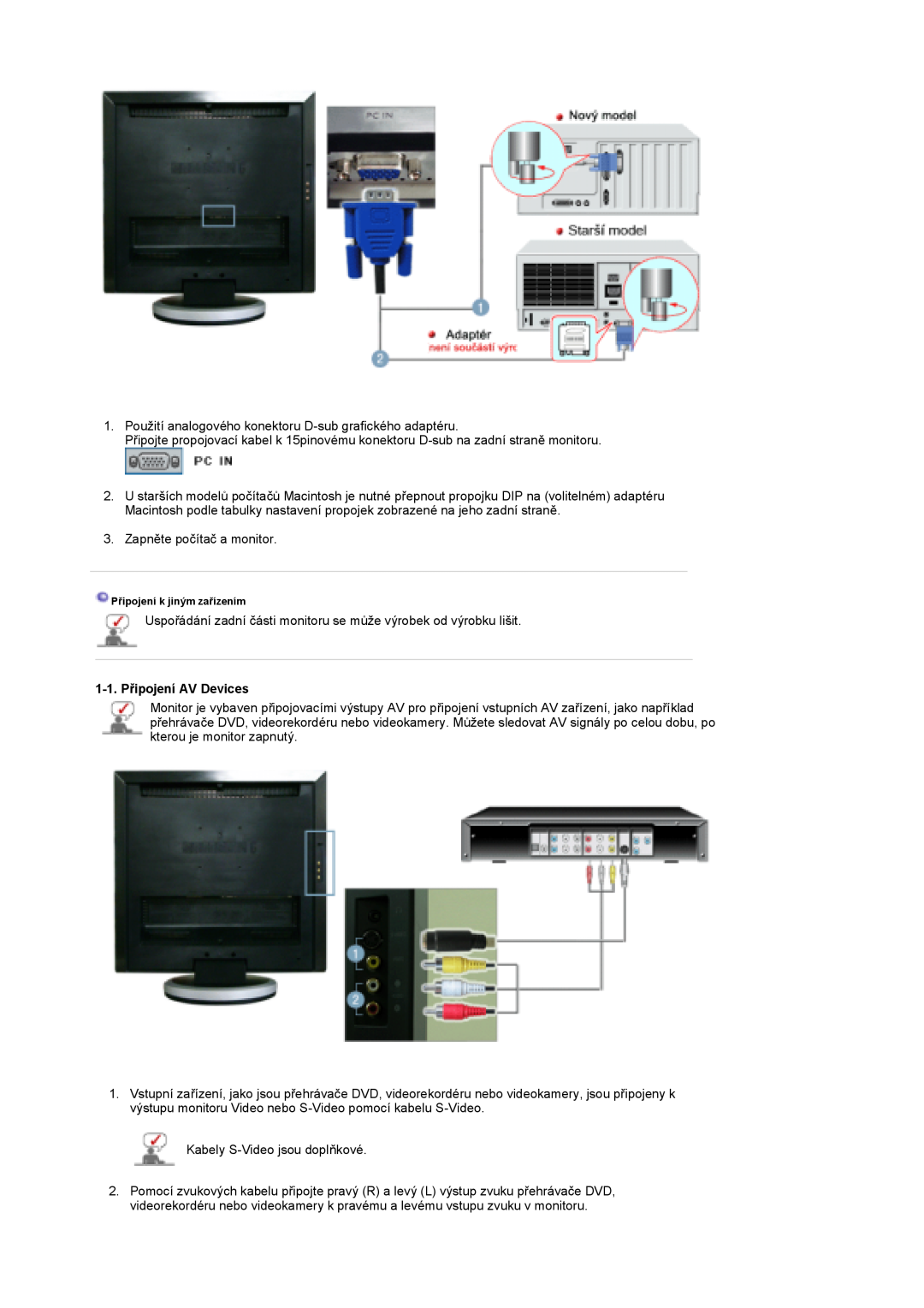 Samsung LS19DOASS/EDC, LS17DOASS/EDC manual 1-1. Připojení AV Devices, Připojení k jiným zařízením 