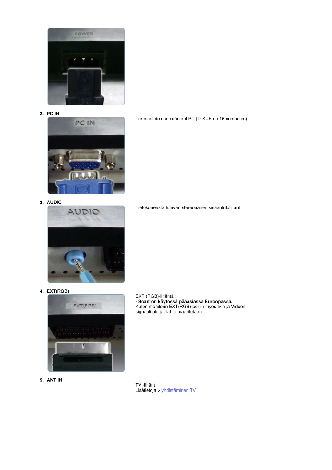 Samsung LS17DOASS/EDC Pc In, Terminal de conexión del PC D-SUB de 15 contactos, Audio, Extrgb, EXT.RGB-liitäntä, Ant In 