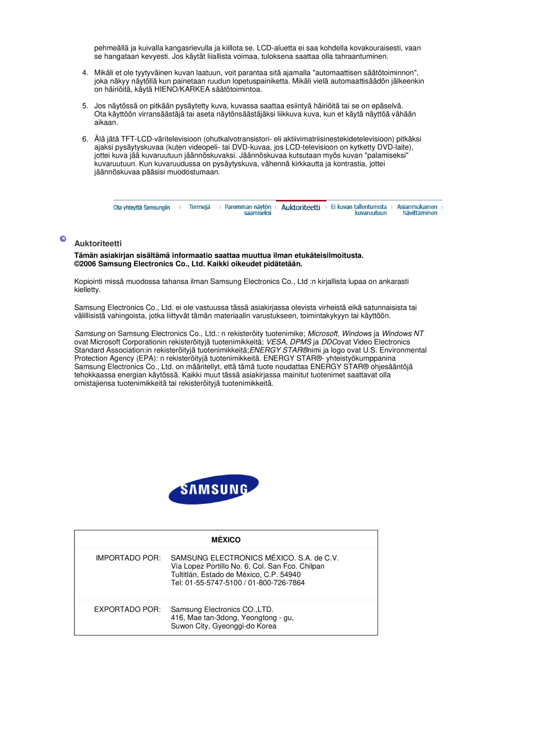 Samsung LS19DOASS/EDC, LS17DOASS/EDC manual Auktoriteetti, México 