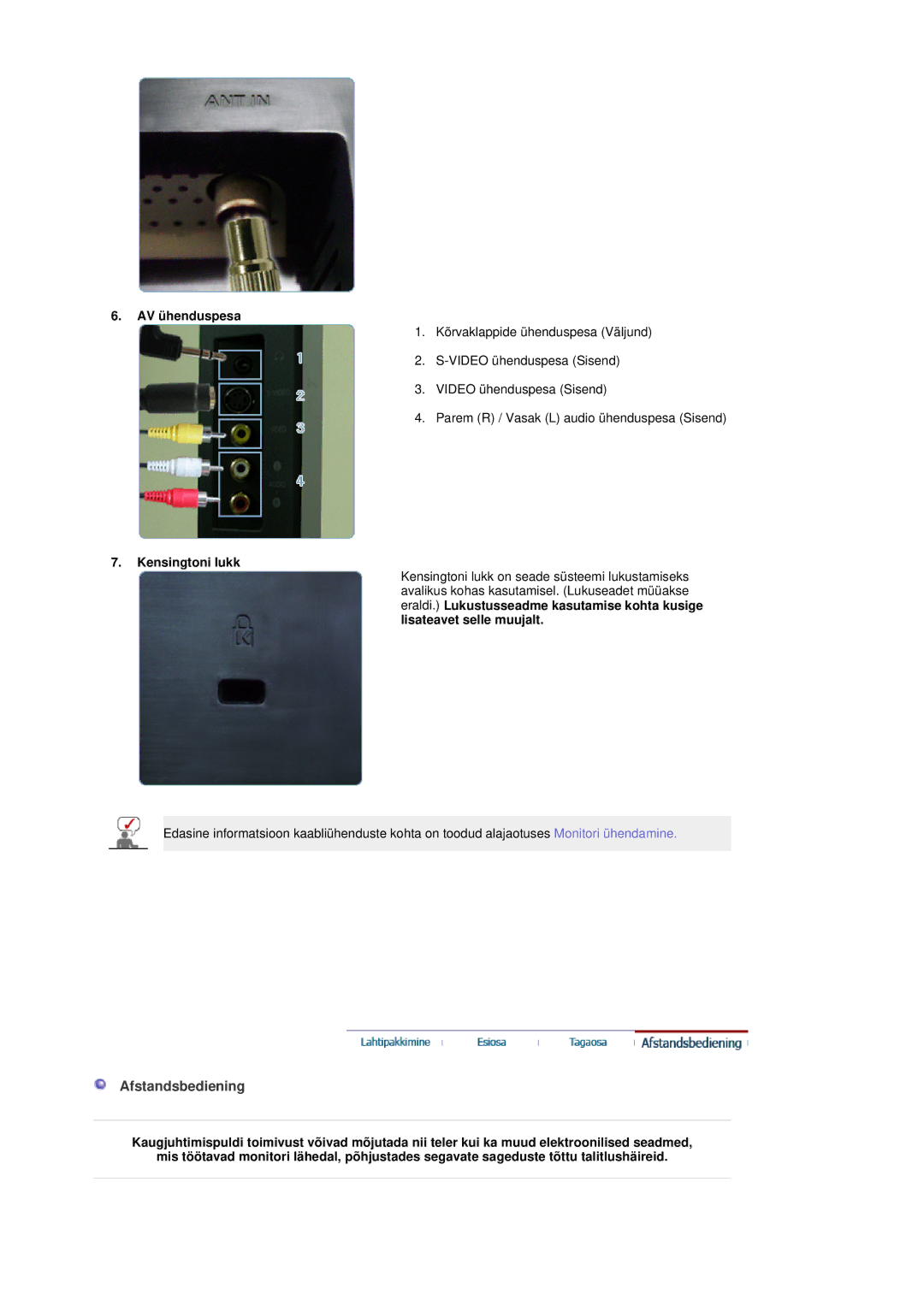 Samsung LS19DOASS/EDC manual Afstandsbediening, AV ühenduspesa, Kensingtoni lukk 