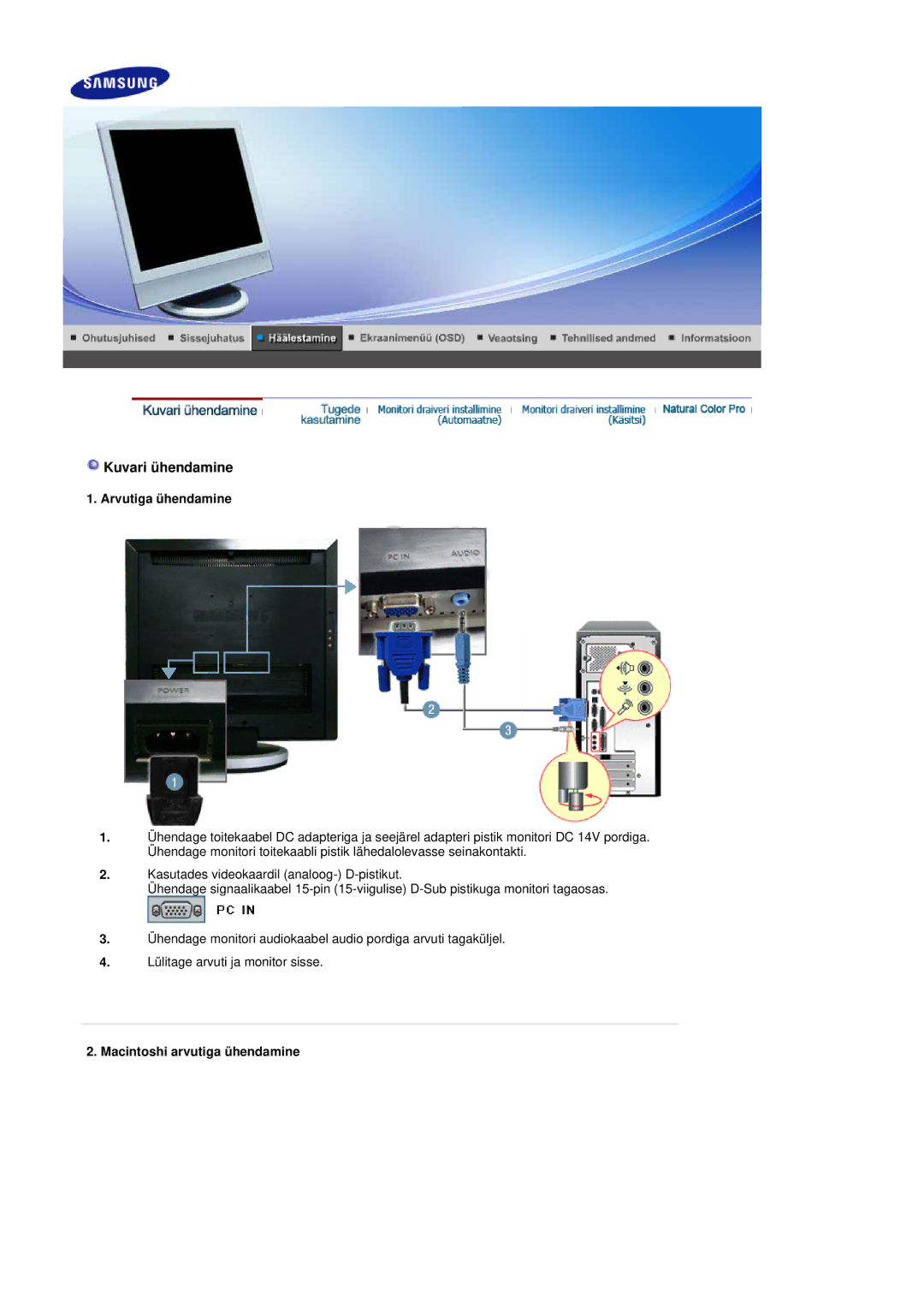 Samsung LS19DOASS/EDC manual Kuvari ühendamine, Arvutiga ühendamine, Macintoshi arvutiga ühendamine 