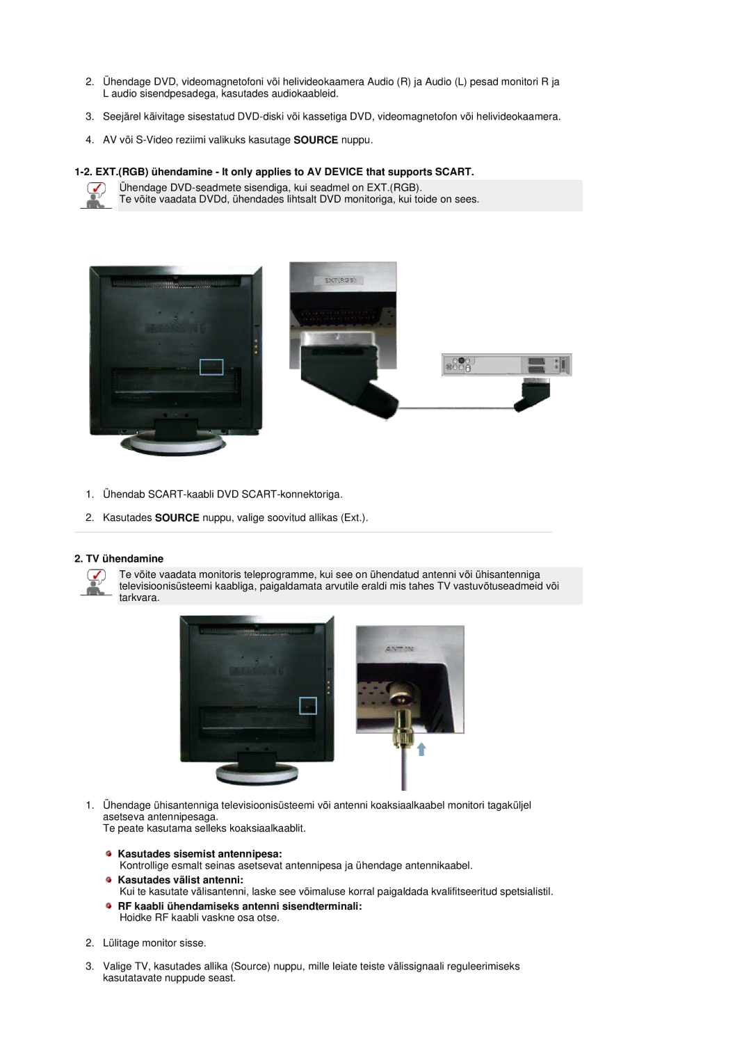 Samsung LS19DOASS/EDC manual TV ühendamine, Kasutades sisemist antennipesa, Kasutades välist antenni 