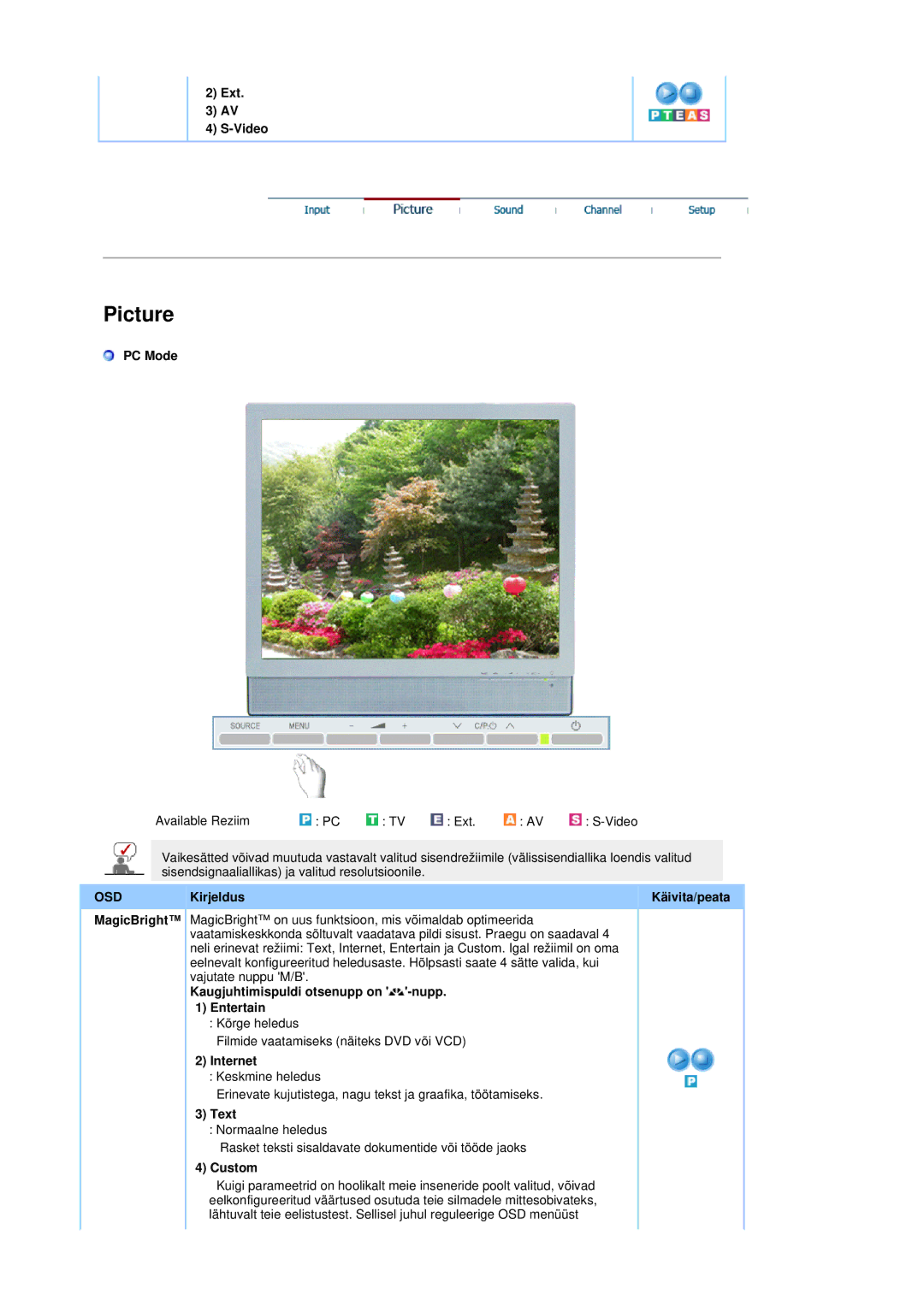 Samsung LS19DOASS/EDC manual Ext Video, PC Mode, Kaugjuhtimispuldi otsenupp on -nupp Entertain, Internet, Text, Custom 