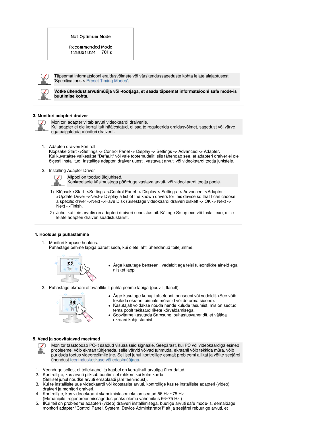 Samsung LS19DOASS/EDC manual Hooldus ja puhastamine, Vead ja soovitatavad meetmed 