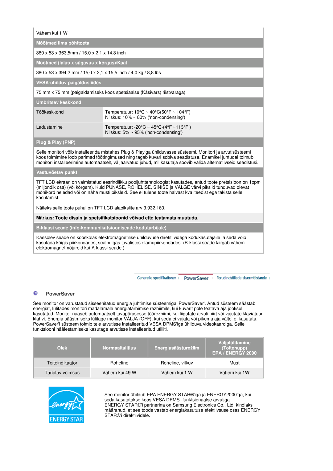 Samsung LS19DOASS/EDC manual PowerSaver 