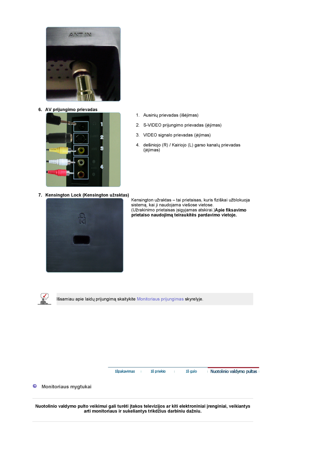 Samsung LS19DOASS/EDC manual Monitoriaus mygtukai, AV prijungimo prievadas, Kensington Lock Kensington užraktas 