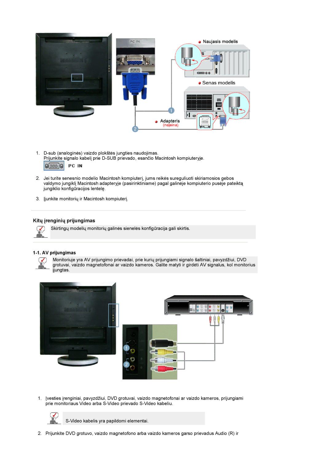 Samsung LS19DOASS/EDC manual Kitų įrenginių prijungimas, AV prijungimas 