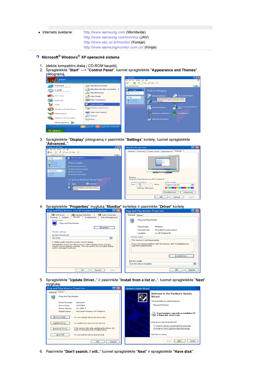 Samsung LS19DOASS/EDC manual Microsoft Windows XP operacinė sistema 