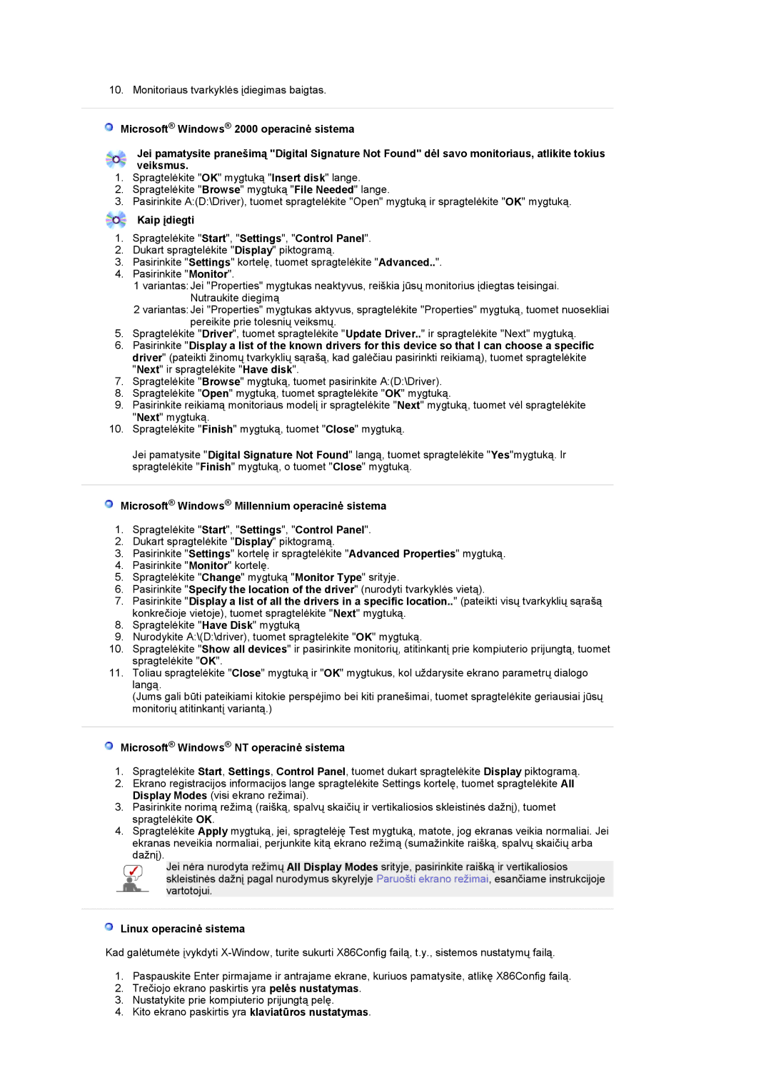 Samsung LS19DOASS/EDC Kaip įdiegti Spragtelėkite Start, Settings, Control Panel, Microsoft Windows NT operacinė sistema 