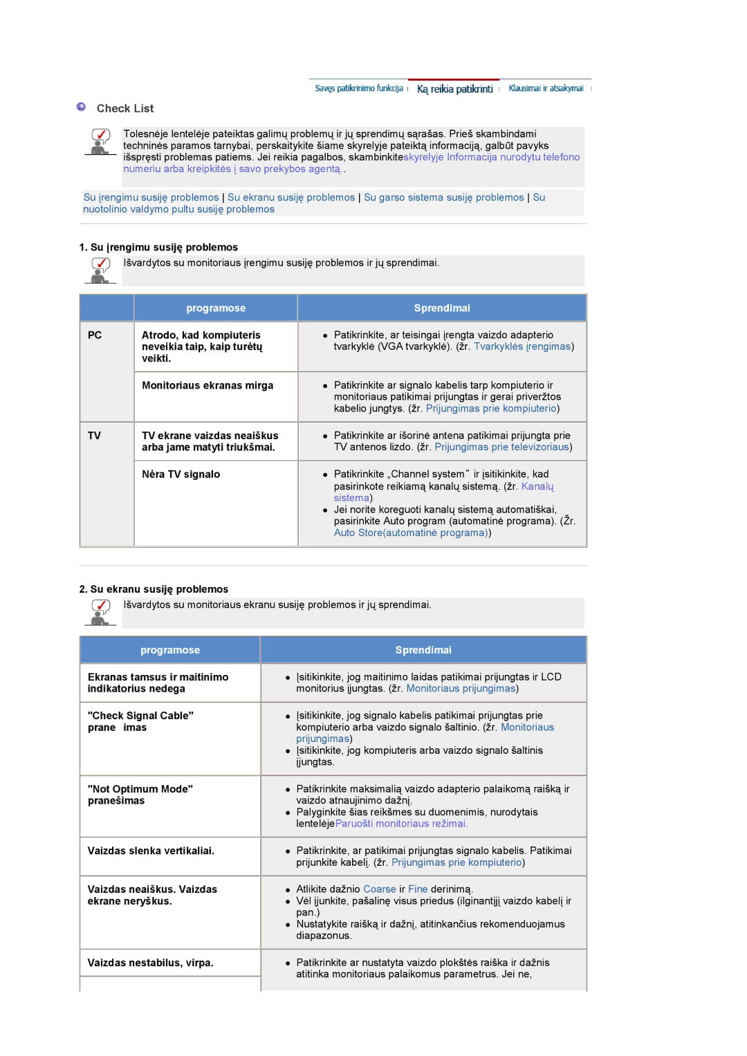 Samsung LS19DOASS/EDC manual Check List, Programose Sprendimai 