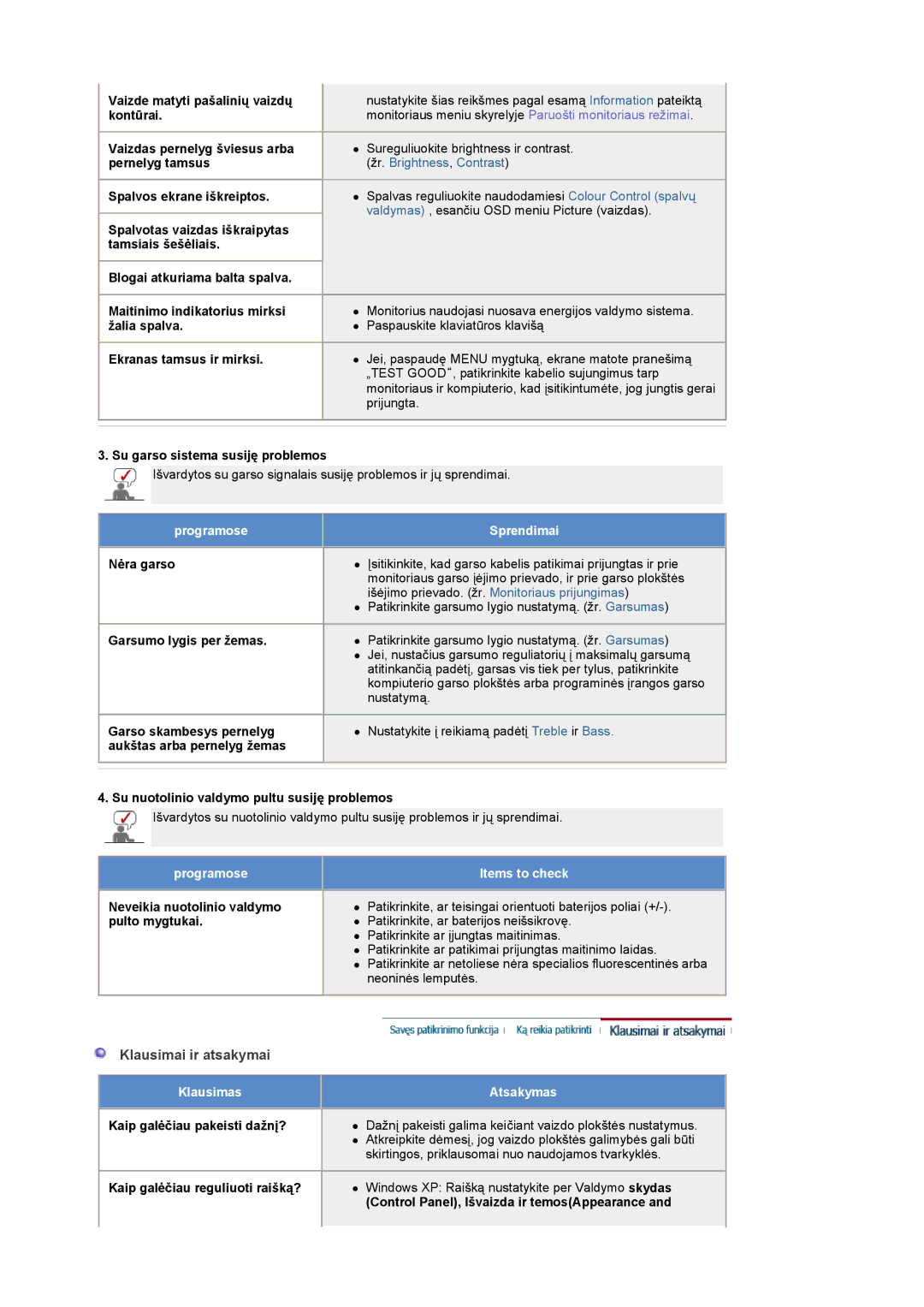 Samsung LS19DOASS/EDC manual Klausimai ir atsakymai, Programose Items to check, Klausimas Atsakymas 