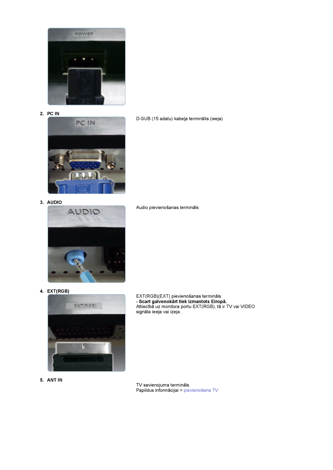 Samsung LS19DOASS/EDC manual Audio, Extrgb, Scart galvenokārt tiek izmantots Eiropā, Ant 