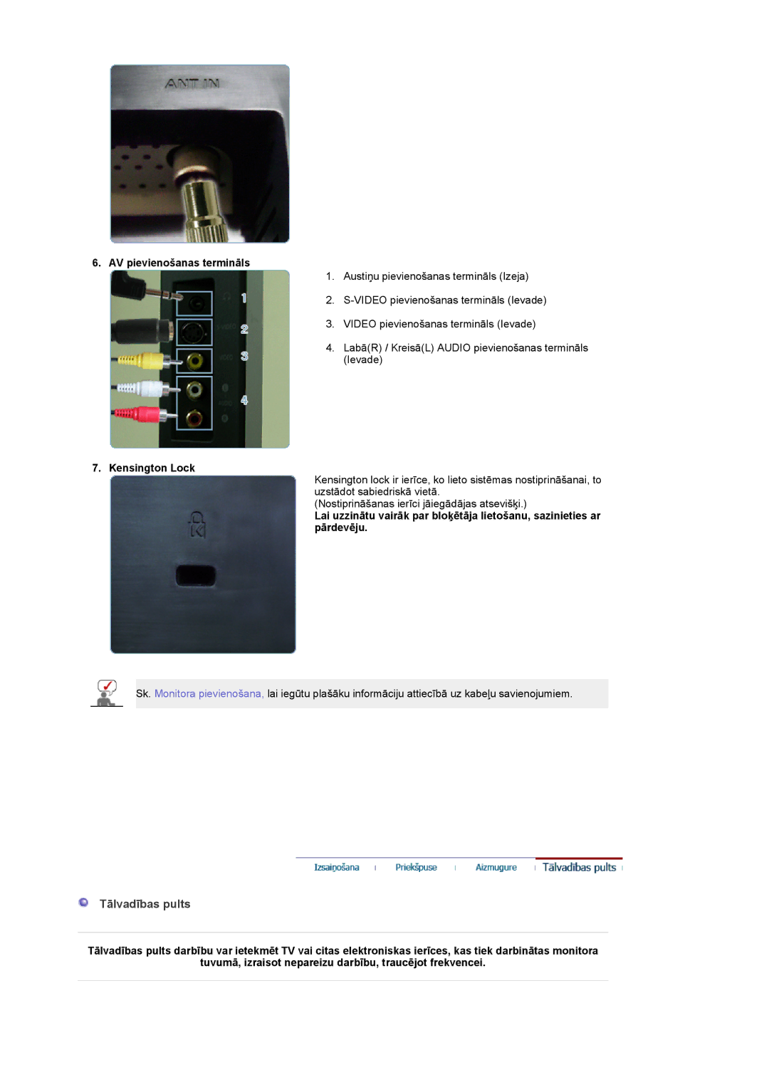 Samsung LS19DOASS/EDC manual Tālvadības pults, AV pievienošanas termināls, Kensington Lock 